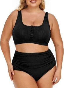 Summer Mae size 14 Plus Women Ribbed Bikini Two Piece High Waist Swimsuit Black - Imagen 1 de 7
