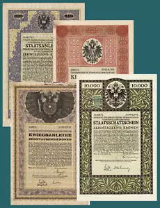 Four different 10,000 Kronen War Bonds Austria 1914-17 - Picture 1 of 5