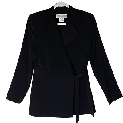 Jessica Howard 黑色侧领带裹身绉织夹克,尺寸 8,状况完好 — 第 1/4 张图片