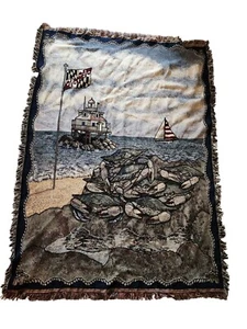 Chesapeake Bay Nautical Lighthouse & Crabs Woven Tapestry Blanket Throw - Picture 1 of 5
