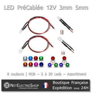 Led 3mm 5mm 12V avec Cable 20cm, 8 couleurs, RGB, Assortiment, 5 à 50 leds - Imagen 1 de 1