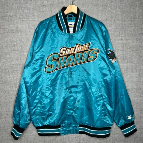 Starter San Jose Sharks Satin Jacket Men XL Teal Vintage Retro Snap Cover