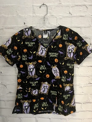 Vintage Disney Scrub Top Womens Multicolor NIGHTMARE BEFORE CHRISTMAS Small XS - Image 1 of 4