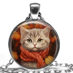 Hyperrealistic Art Autumn Kitty Cat with Scarf Pendant Necklace 24" Cat Mom Gift - Picture 1 of 5