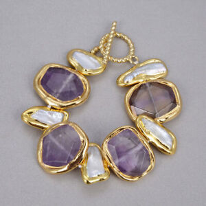 White Pearl Purple Amethyst Gold Plated Pendant Necklace Bracelet Earrings Sets
