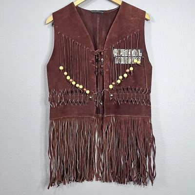 Custom Made Real Brown Leather Special Forces Skull Patch Beaded Fringe Vest - Image 1 of 4
