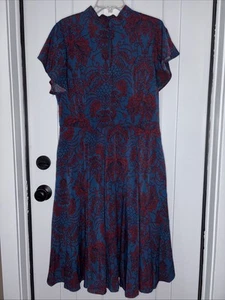 Unique Vintage Dress Size 14 Dark Blue Maroon Pattern - Picture 1 of 5