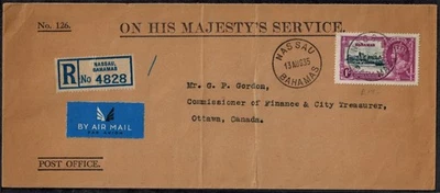 Bahamas 1935 OHMS Registered Official Cover w/ KGV Silver Jubilee SG 144 RARE - Image 1 of 2