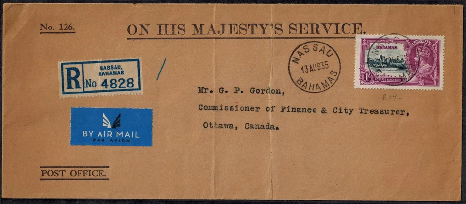 Bahamas 1935 OHMS Registered Official Cover w/ KGV Silver Jubilee SG 144 RARE - Image 1 of 2