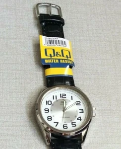Q&Q Mens Watch Silver Bezel Round White Dial 12/24 HRS on Black Leather Band New - Picture 1 of 3