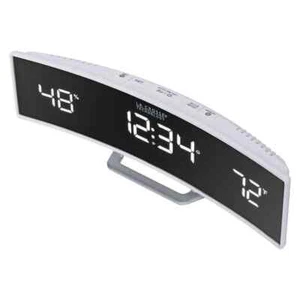 White Curved Alarm Clock With Mirrored LED Lens Display Digital Temperature Desk - Picture 1 of 9
