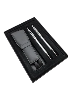 TM Luxury Pen and Pencil Set - With Genuine Leather Pouch (Silver) - Picture 1 of 4