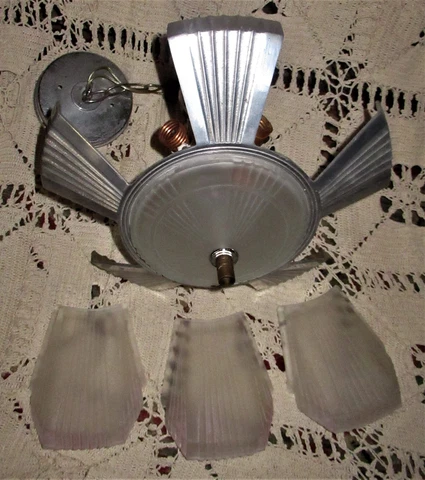 ANTIQUE DECO ERA NOUVEAU SLIP SHADE CEILING CHANDELIER FRAME w/ 3 shades , 1930 Cover