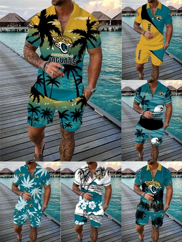 Jacksonville Jaguars 2 Pieces Outfits 1/4 Zip Collared Tops Summer Board Shorts Cover