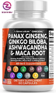 Panax Ginseng 10000 mg ginkgo biloba 4000 mg radice di maca ashwagandha 3000 mg 60 cappucci - Foto 1 di 12