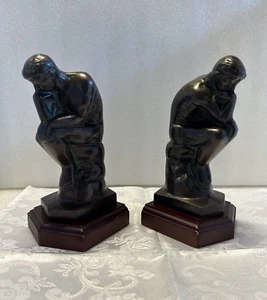 Bronze On Wooden Base The Thinker Sculpture 2 Pc Book Ends - Picture 1 of 12
