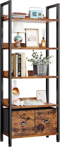 5-Tier Bookshelf, Tall Bookcase with 2 Storage Drawers, Industrial Display Stand - Picture 1 of 9