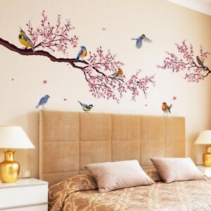 Large Cherry Blossom Branch Wall Stickers Pink Flower Bird Wall Decals Removable