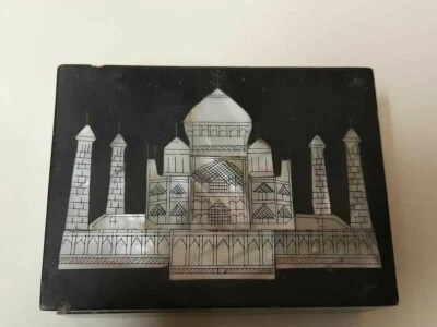 Antigua caja de baratijas de almacenamiento de joyas de piedra incrustada Taj Mahal madre perla vintage Foto 1 de 4