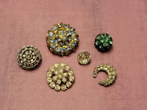 Antique Lot 6 Paste Rhinestone Buttons Amazing Blue, Green & Clear Rhinestones Cover