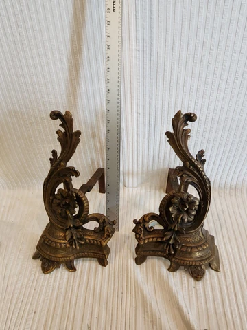 Rocco Style Very Ornate Brass Fireplace Andirons 15" Ht Vintage / Antique Cover