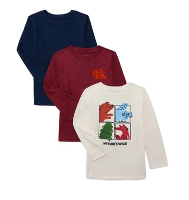 NWT 3-Pack Toddler Boys 5T Long Sleeve Crewneck Shirts Red Blue Beige Child Foto 1 de 3