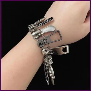 Cyber Punk Reißverschluss Armband Fransen Kette Kopf Y2k Hip Hop Choker Herren - Bild 1 von 27