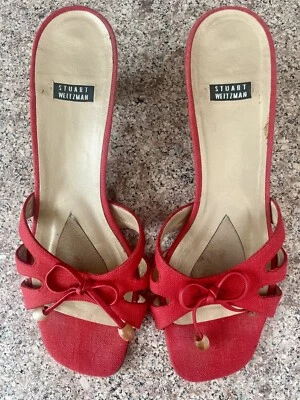 Stuart Weitzman Red Fabric Bow Front Slip on Open Toe Sandal Heels 9 M - Image 1 of 4