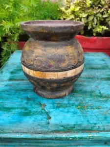 Antique Wooden Hand Carved Brass Embedded Work Kitchen Milk/Water Container Pot - Picture 1 of 10