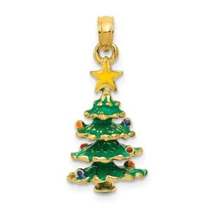 14k Yellow Gold Happy Holidays Santa Claus Enameled Merry Christmas Tree Pendant - Picture 1 of 3