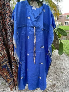 Women's Blue Maxi Beach Kaftan Dress Recycle Beach Bikini Cover Up Loose Caftan 