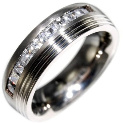 ANILLO BANDA TITANIO SIMULADO BRILLANTE BAGUETTES 0,72 CTW talla 9,11,12 Foto 1 de 3