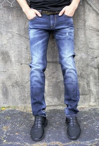 Vaqueros ajustados italianos Etzo para hombre, denim rasgado premium distress (7642) - Imagen 1 de 6