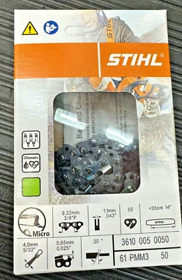 61PMM3 50 STIHL CADENA MOTOSIERRA NUEVA 14 pulgadas HOJA 3/8P .43 CALIBRE 50 14 PULGADAS Foto 1 de 3