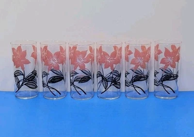 Vintage Retro MCM Floral 16oz. Juego de 6 vasos de té helado de 7" flores rosas Foto 1 de 4