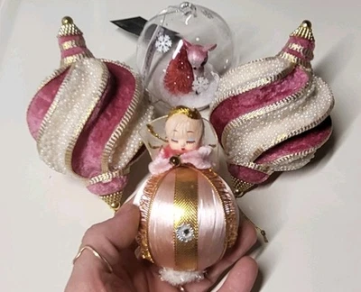 Lot 4 Vintage Pink Christmas Tree Ornaments Pink Velvet Beaded Swirl Satin Angel - Image 1 of 4