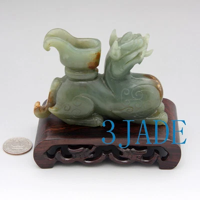 Hetian Nephrite Jade Pixiu 中国古代神圣动物雕刻雕像 — 第 1/4 张图片