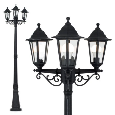 Victorian 220cm Black 3 Way Lantern Outdoor Garden Lamp Post LED Lighting IP44 - Image 1 of 4