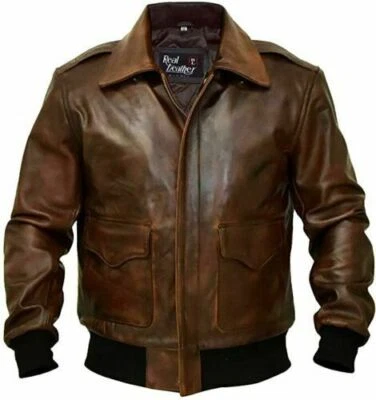 Mens Airforce A2 US American Pilots Jacket Bomber Flight Cowhide Leather WW2 G-1 - Image 1 of 4