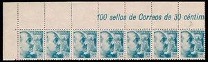 España 1940. Franco. Edifil xx 924 pd. Papel Delmeina. Tira de 7.Cabecera Pliego - Imagen 1 de 1