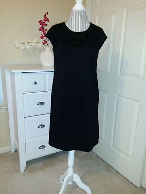 Dana Buchman Stunning Black Jersey Beaded Front Ladies Classic Shift Dress Sz.M - Изображение 1 из 4