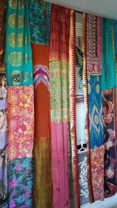 2 Pcs Indian Sari Patchwork Curtain Drape Window Decor Multi Silk Sari Curtain - Picture 1 of 5