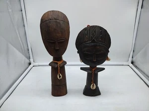 2 Vintage hand carved African  wooden figure puka shells leather hang strap - Picture 1 of 12