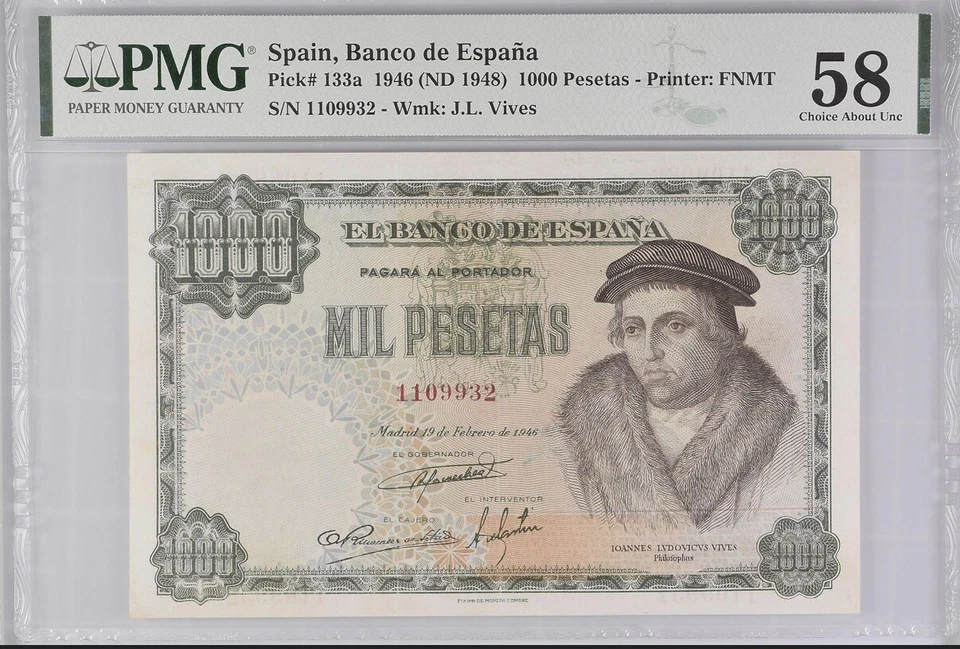 PMG 58 Spain España  1000 Pesetas 1946 PICK 133a Very Rare - Image 1 of 2