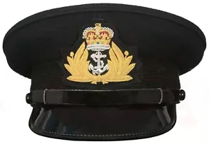 ROYAL NAVY OFFICER BLACK CAP, NAVAL PEAK CAP, R N CAP BULLION BADGE MILITARY HAT - Picture 1 of 2