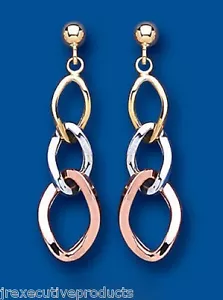 Tres Color Oro Pendientes 9ct Amarillo Blanco Oro Rosa Contraste Gotas Colgante - Imagen 1 de 3