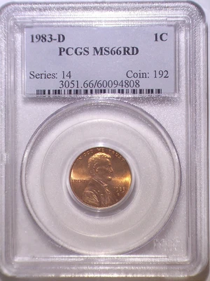 1983-D PCGS MS66RD Lincoln Memorial One Cent - 1C - Old Blue Holder - Image 1 of 2