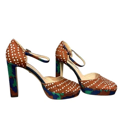 Diane Von Furstenberg DVF Brown Polka Dot Platform Block Heel Ankle Strap 8B - Image 1 of 4