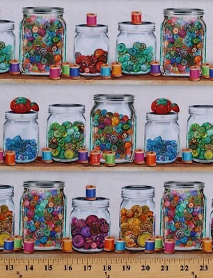 ROBERT KAUFMAN Cotton Jars of Buttons Thread Sewing Cotton Fabric Print by the Yard D762.56