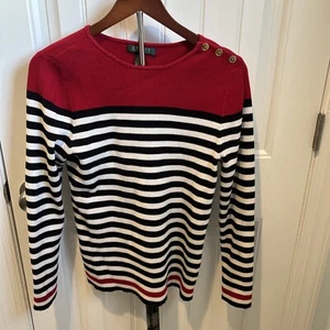 LAUREN RALPH WOMENS SZ XL RIB KNIT SWEATER RED BLACK GOLD BUTTONS PRE-LOVED POLO - Picture 1 of 7